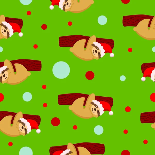 Kusursuz desen. Kırmızı şapkalı bir dala asılı bebek tembel hayvan. Yeşil arka plan. Mutlu noeller. - Mutlu yıllar. Sevimli ve komik. Çizgi film tarzı. Posta kartı, duvar kağıdı, tekstil, ambalaj kağıdı, dekorasyon