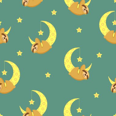 Kusursuz desen. Sarı hilal üzerinde asılı bebek tembel hayvan. Ay ve yıldızlar. Yeşil arka plan. Sevimli ve komik. Çizgi film tarzı. İyi geceler. Çocukların yatak odası. Kartpostal, duvar kağıdı, tekstil, ambalaj kağıdı.