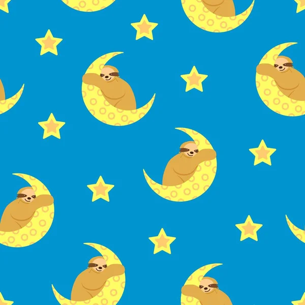 Seamless Pattern Baby Sloth Hanging Yellow Crescent Moon Stars Blue — Stock Vector