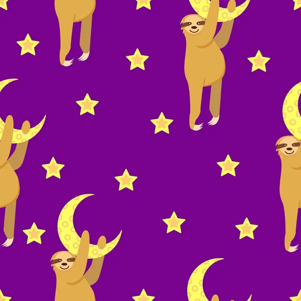 Безшовні Візерунки Дитячий Лінивець Висить Жовтому Півмісяці Місяць Зірки Фіолетовий — стоковий вектор