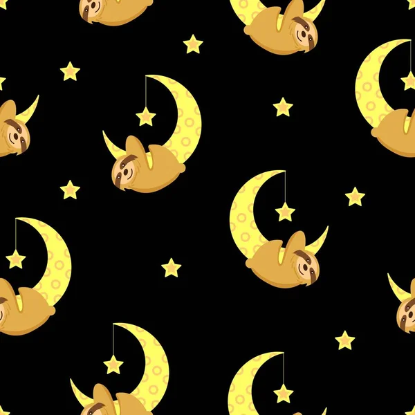 シームレスなパターン 赤ん坊は黄色い三日月にぶら下がっている 月と星 黒の背景 可愛くて面白い 漫画風 おやすみなさい 子供用の寝室 ポストカード 包装紙 — ストックベクタ