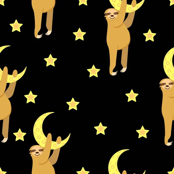 Padrão Sem Costura Preguiça Bebê Pendurada Crescente Amarelo Lua Estrelas —  Vetores de Stock