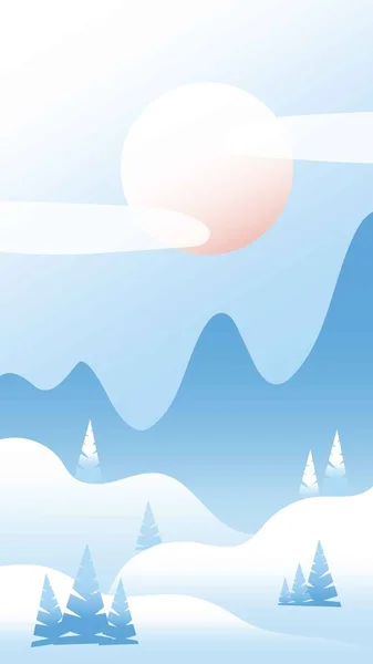 波と冬の風景 ピンクの太陽 白い雲とパステルブルーの空 雪の山や丘 いい木だ グラデーションの色 自然と生態学 ソーシャルメディア ポストカード ポスターの場合 — ストックベクタ