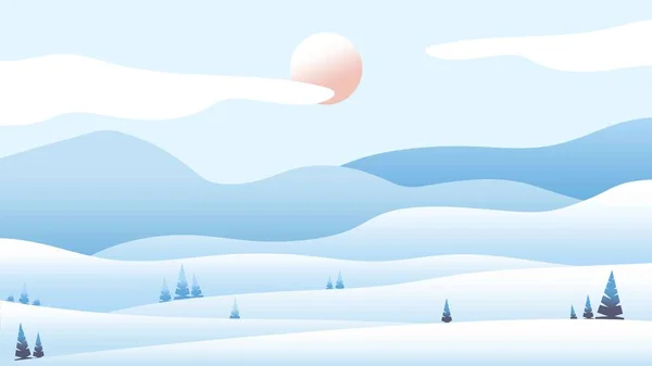 Panoramic Winter Landscape Waves Pink Sun White Clouds Pastel Blue — Stockvektor