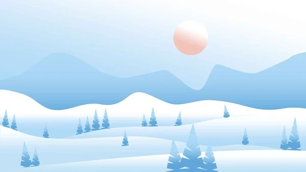 波とパノラマの冬の風景 ピンクの太陽 白い雲とパステルブルーの空 雪の山や丘 いい木だ グラデーションの背景 自然と生態学 ソーシャルメディア ポストカード ポスターの場合 — ストックベクタ