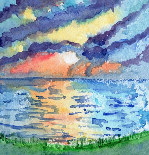 Hand Drawn Seascape Watercolor Sketch Landscape Green Glass Sea Ocean — Stock Photo, Image