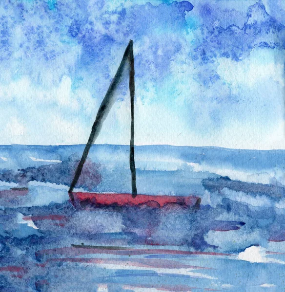 手绘海景水彩画 大海中波涛汹涌的风景 红帆船暑假 蓝白混浊的天空 自然与生态 明信片 海报和印刷品 — 图库照片