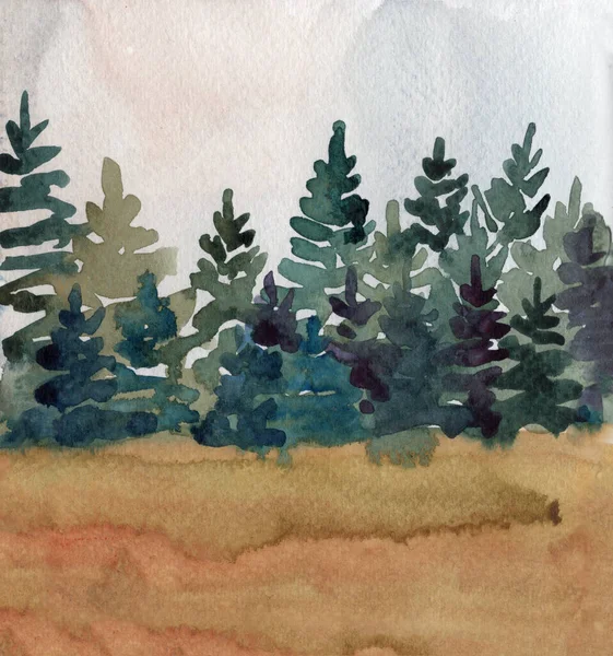 El çizimi suluboya manzara. Çizim stili. Gri gökyüzü. Yaz ya da sonbahar sisli ormanı. Yeşil köknar ağaçları. Kuru sarı çimenler. Doğa ve ekoloji. Posta kartı, poster, baskı, sosyal medya şablonu