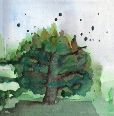 Yeşil yaz ağacının panoramik manzarası. Mavi gökyüzü. Yeşil çimenler. Kahverengi sandık. Park, bahçe ya da orman. El çizimi suluboya eskiz. Doğa ve ekoloji. Kartpostal, baskı, duvar kağıdı ve poster için.