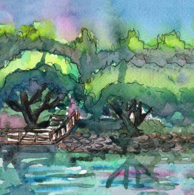 Yeşil ağaçlar ve nehirden oluşan panoramik bir manzara. Mavi gökyüzü. Siyah sandık. Park, bahçe ya da orman. El çizimi suluboya eskiz. Doğa ve ekoloji. Kartpostal, baskı, duvar kağıdı ve poster için.