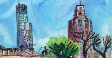 İş yeri binalarının panoramik manzarası. El çizimi suluboya şehir eskizi. Mavi gökyüzü. Bahar ya da yaz. Şehir manzarası ve ağaçlar. Doğa ve ekoloji. Kartpostal, poster, baskı, duvar kağıdı için.