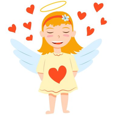 Valentine s Day. Cheerful baby girl cupid angel. Red hearts. Pastel blue wings. White skin. Blond straight hair. Yellow dress. Cartoon style. Cute and funny. For greeting card or poster design vector Valentine s Day. Cheerful baby girl cupid angel. Red hearts. Pastel blue wings. White skin. Blond straight hair. Yellow dress. Cartoon style. Cute and funny. For greeting card or poster design vector