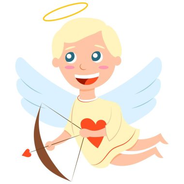 Sevgililer Günü. Neşeli erkek bebek, aşk meleği okçu. Pastel mavi kanatlar. Beyaz ten. Sarı saçlar. Kırmızı kalpli sarı gömlek. Çizgi film tarzı. Sevimli ve komik. Tebrik kartı veya poster tasarımı için