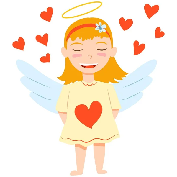 Valentine Day Cheerful Baby Girl Cupid Angel Red Hearts Pastel — Stock Vector