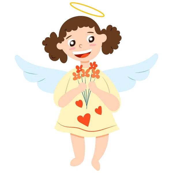 Dia Dos Namorados Alegre Bebê Menina Cupido Anjo Segurando Flores — Vetor de Stock