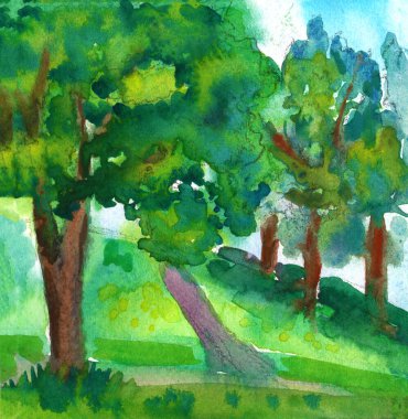 Yeşil ağaçların ve mavi gökyüzünün panoramik manzarası. El çizimi suluboya eskiz. Yaz ya da bahar. Doğa ve ekoloji. Orman ya da park. Meşe ve çam ağaçları. Kartpostal, poster, baskı için şablon
