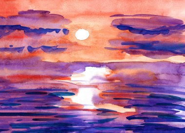 Güneşin batışı ve denizin panoramik manzarası. El çizimi suluboya eskiz. Mavi, mor, kırmızı, turuncu, mor. Işık yansıması ve dalgalar. Yaz tatilleri. Doğa ve ekoloji. Posta kartı, poster, baskı için.