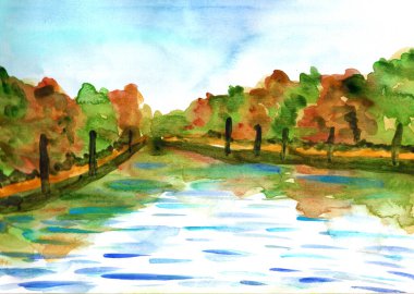 Sonbahar ormanı, nehir ve mavi gökyüzünün panoramik manzarası. El çizimi suluboya eskiz. Yeşil ve turuncu yapraklar. Doğa ve ekoloji. Kartpostallar, poster, baskı, duvar kağıdı veya sosyal medya için