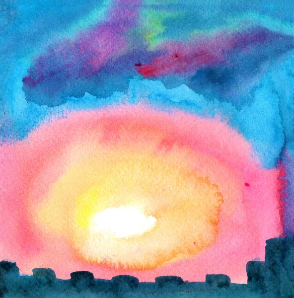 日没と手描きの質感とパターン 黄色の夜空 黒の家のシルエットと街の景色 水彩イラスト 太陽の光の中で街の風景 ポストカード ポスター プリント — ストック写真