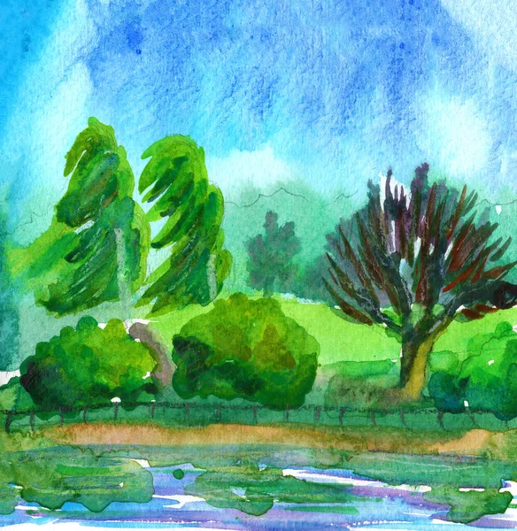Paisagem Panorâmica Árvores Verdes Céu Azul Banco Rio Desenhado Mão — Fotografia de Stock