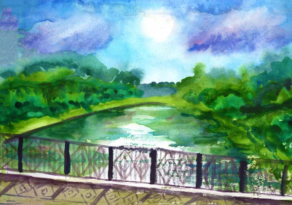 Paysage Panoramique Arbres Verts Ciel Bleu Pont Sur Rivière Journée — Photo