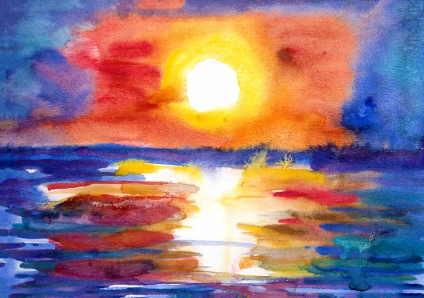 日落和大海的全景 手绘水彩画 光的反射和波纹暑假 自然与生态 明信片 印刷品 — 图库照片