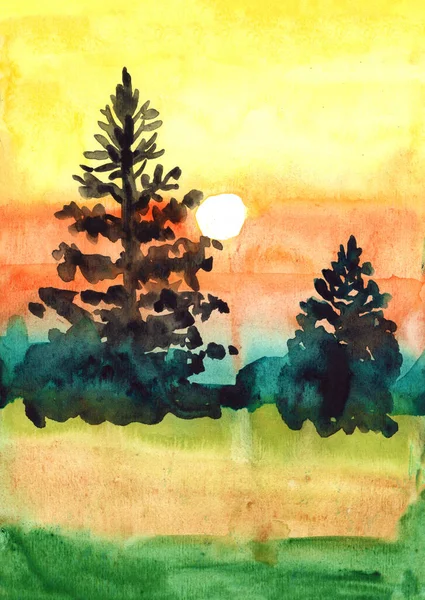 针叶树的垂直景观轮廓和日落 黄色和橙色的天空 绿色森林 手绘水彩画 夏天或秋天 自然与生态 明信片 海报和印刷品 — 图库照片