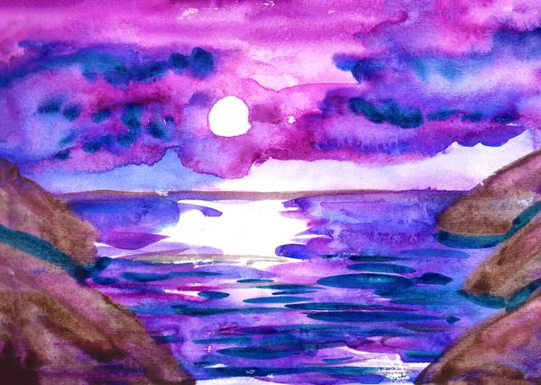 Panoramic Landscape Sun Set Sea Hand Drawn Watercolor Sketch Blue — Stock Photo, Image