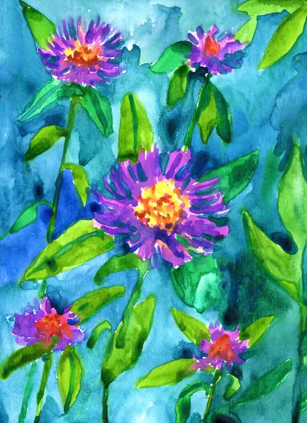 Вертикальна Ботанічна Ілюстрація Фіолетових Квітів Жовтим Серединою Серед Зеленого Листя — стокове фото