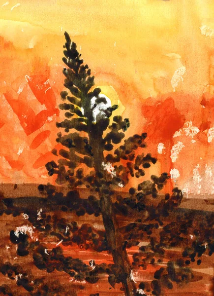 针叶树轮廓与日落的垂直景观 红色和橙色的天空 棕色森林 手绘水彩画 夏天或秋天 自然与生态 明信片 海报和印刷品 — 图库照片