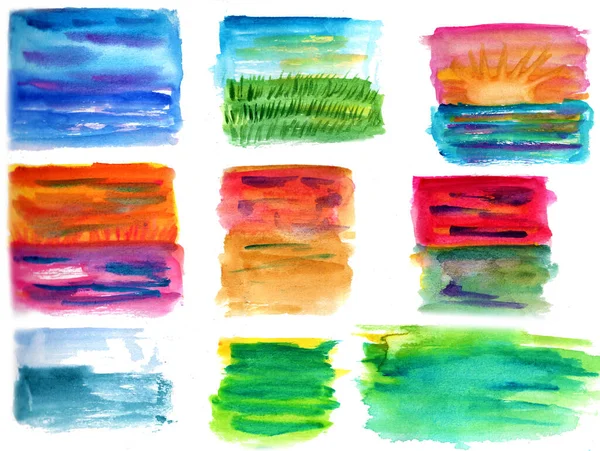Collection Various Abstract Rectangular Landscapes Hand Drawn Watercolor Sketch Sea — Stock Photo, Image