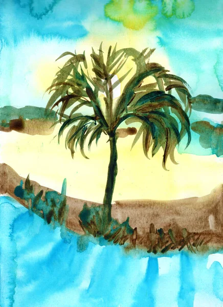 Vertikální Zimní Krajina Stromů Slunečného Dne Ručně Kreslený Akvarel Modrá — Stock fotografie