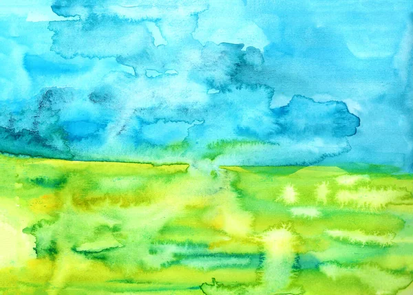 Panoramisch Landschap Van Groen Veld Blauwe Bewolkte Lucht Met Hand — Stockfoto