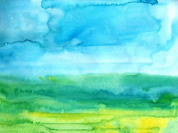 Panoramic Landscape Green Field Blue Cloudy Sky Hand Drawn Watercolor — Stock Photo, Image