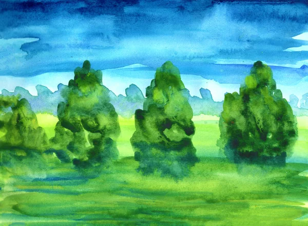 緑の木々と青空のパノラマ抽象的な風景 手描きの水彩スケッチ 夏か春 自然と生態学 装飾的な紙の質感 ポストカード ポスター 印刷またはソーシャルメディアの場合 — ストック写真