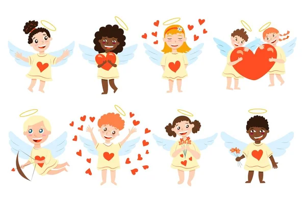 Coleção Bebês Anjos Cupido Rapaz Raparigas Com Asas Estilo Dos — Vetor de Stock