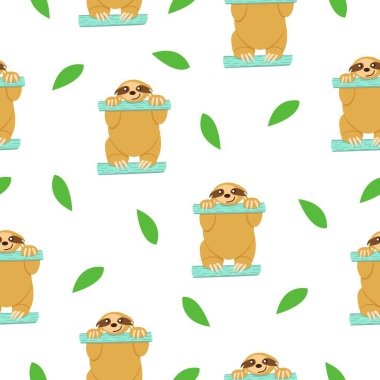 Turkuaz çitlerin ve yeşil yaprakların üzerinde oturan kusursuz tembel hayvan deseni. Beyaz arka plan. Çizgi film karakteri. Sevimli ve komik. Yaz ve bahar. Duvar kağıdı, tekstil, hatıra defteri ve ambalaj kağıdı için.