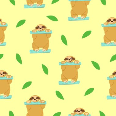 Turkuaz çitlerin ve yeşil yaprakların üzerinde oturan kusursuz tembel hayvan deseni. Sarı arka plan. Çizgi film karakteri. Sevimli ve komik. Yaz ve bahar. Duvar kağıdı, tekstil, hatıra defteri ve ambalaj kağıdı için.