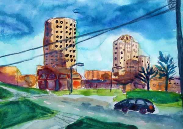 Панорамный Городской Пейзаж Ручной Рисунок Акварелью Городской Пейзаж Голубое Облачное — стоковое фото