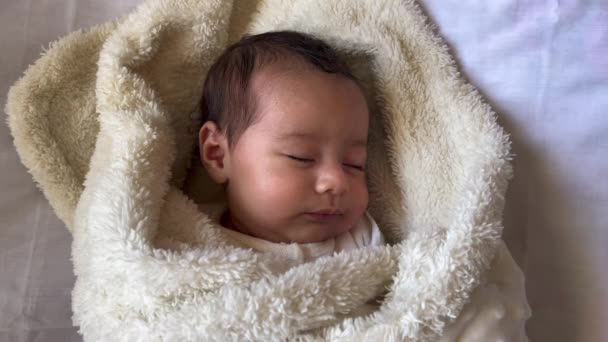 Sweet Peaceful Baby Lying White Bedsheet Enjoy Daytime Nap — Vídeo de Stock