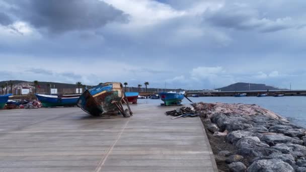 Small Fishing Boats Parked Harbor — Stock Video