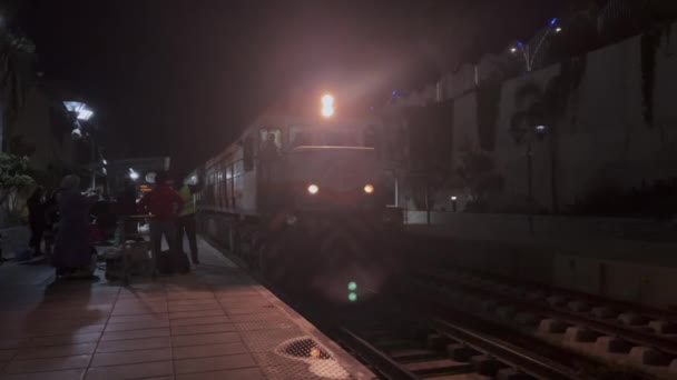 Old Train Arriving Station Late Night — Stockvideo