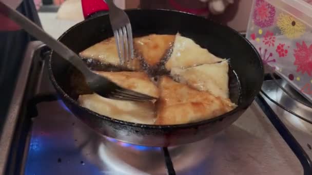 Woman Deep Frying Briouat Home — Stockvideo