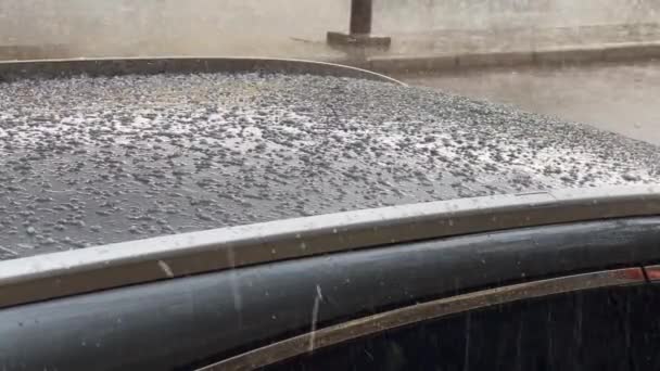 Close Footage Heavy Hail Storm Falling Black Car Roof — Stock Video