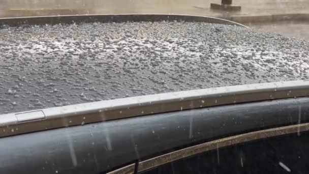 Close Footage Heavy Hail Storm Falling Black Car Roof — Stock Video