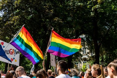 Avrupa 'da gökkuşağı bayraklı LGBTQ + topluluğu için eşit haklar için yürüyen insanlar