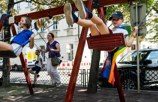 Young Kid Playing Swing Pride March Europe — Stock Photo, Image