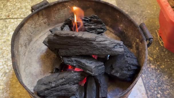 Trozos Carbón Frescos Ardiendo Una Parrilla Carbón — Vídeo de stock