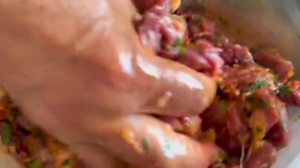 Mão Mulher Misturando Pedaços Carne Vermelha Com Especiarias Para Churrasco — Vídeo de Stock
