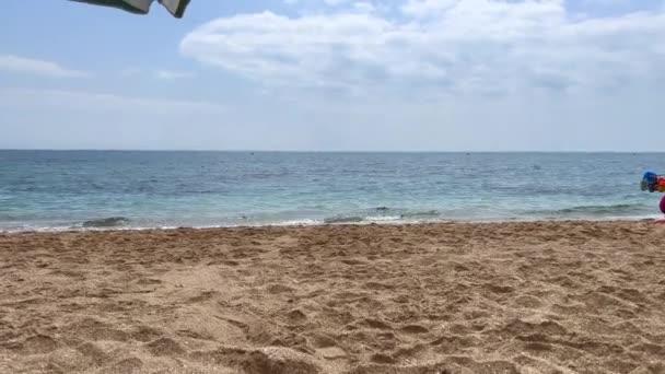 Человек Гуляющий Пляжу Продающий Надувные Водяные Игрушки — стоковое видео